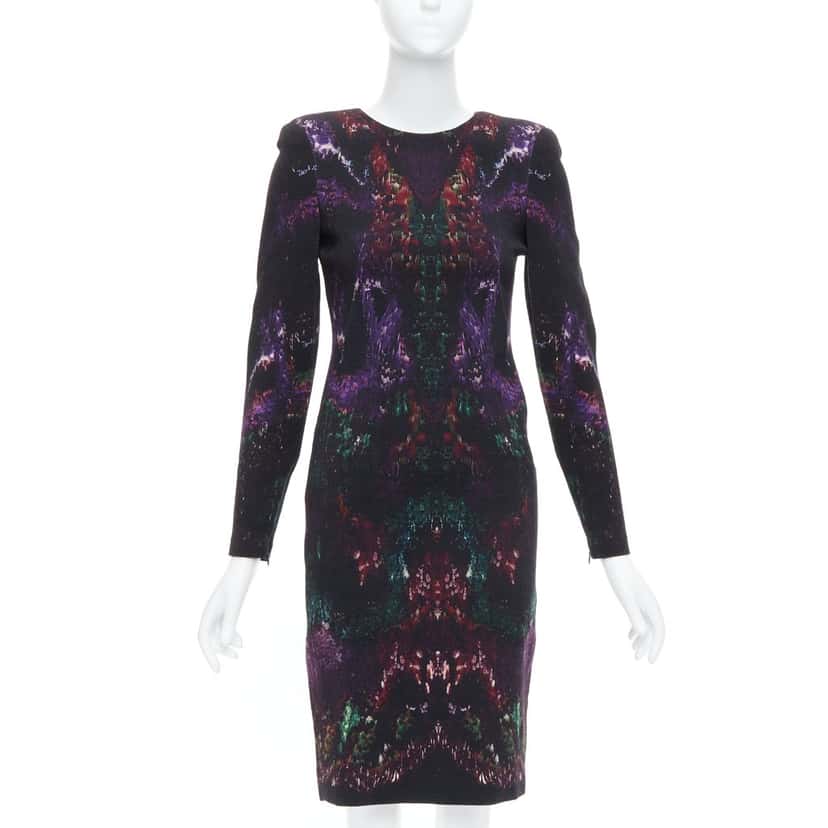 Alexander McQueen Feather Print Dress Black Wool Never worn - Front View