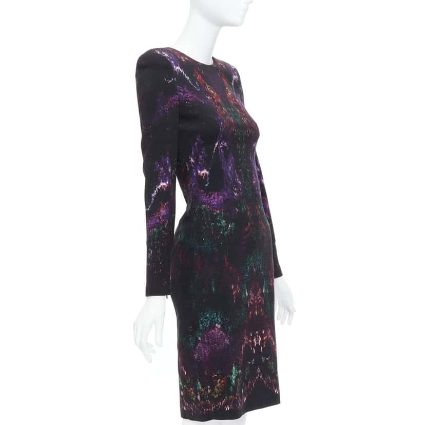 Alexander McQueen Feather Print Dress Black Wool Never worn - Inside View
