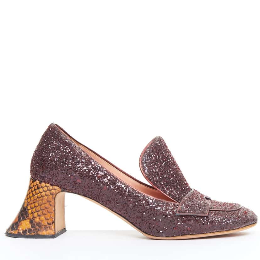 Rochas Glitter Heel Loafers Burgundy Leather Fair condition - Front View