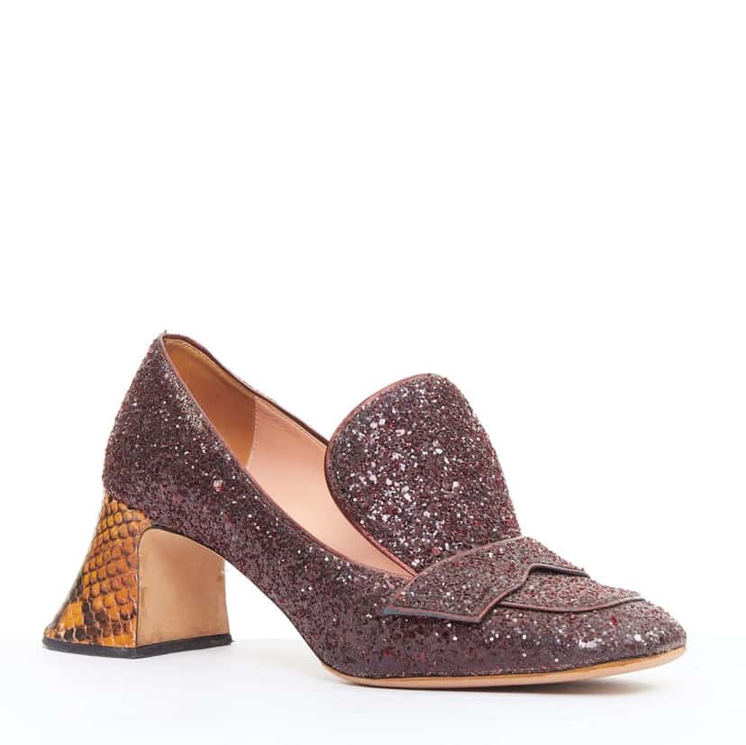 Rochas Glitter Heel Loafers Burgundy Leather Fair condition - Back View