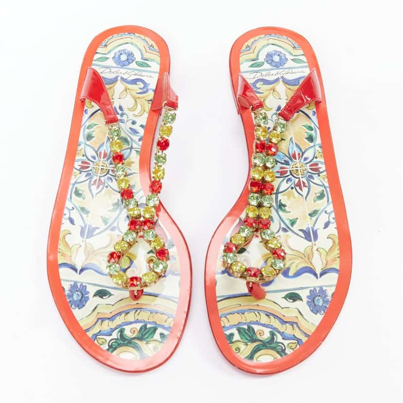 DOLCE & GABBANA Crystal Majolica Sandals Red Leather Good condition - Front View