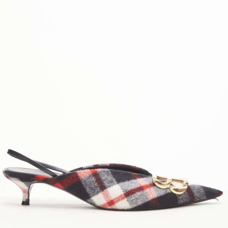 Balenciaga Plaid Wool Sling Pumps Red Polyester Very good condition - Front View
