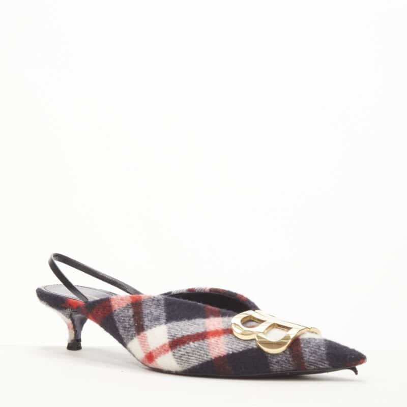 Balenciaga Plaid Wool Sling Pumps Red Polyester Very good condition - Back View