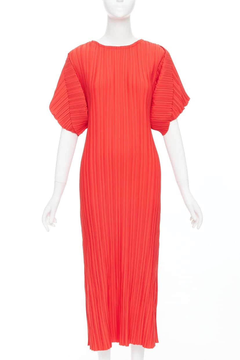 Bambah Plisse Midi Dress Red Polyester Never worn, with tag - Front View