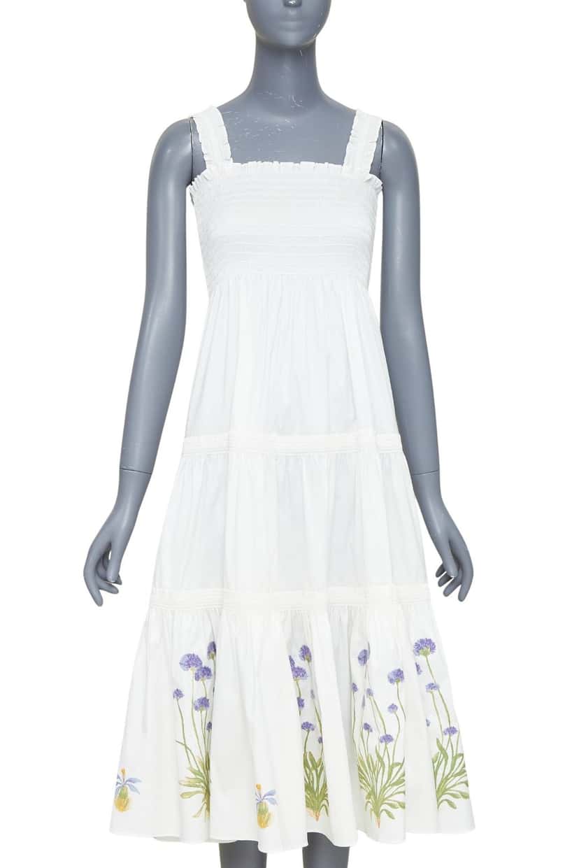 Tory Burch Embroidered Smocked Midi Beige Cotton Very good condition - Front View