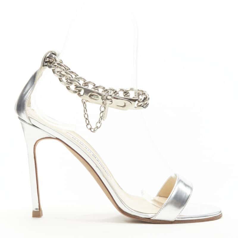 Manolo Blahnik Chain Strap Sandals Silver Leather Good condition - Front View