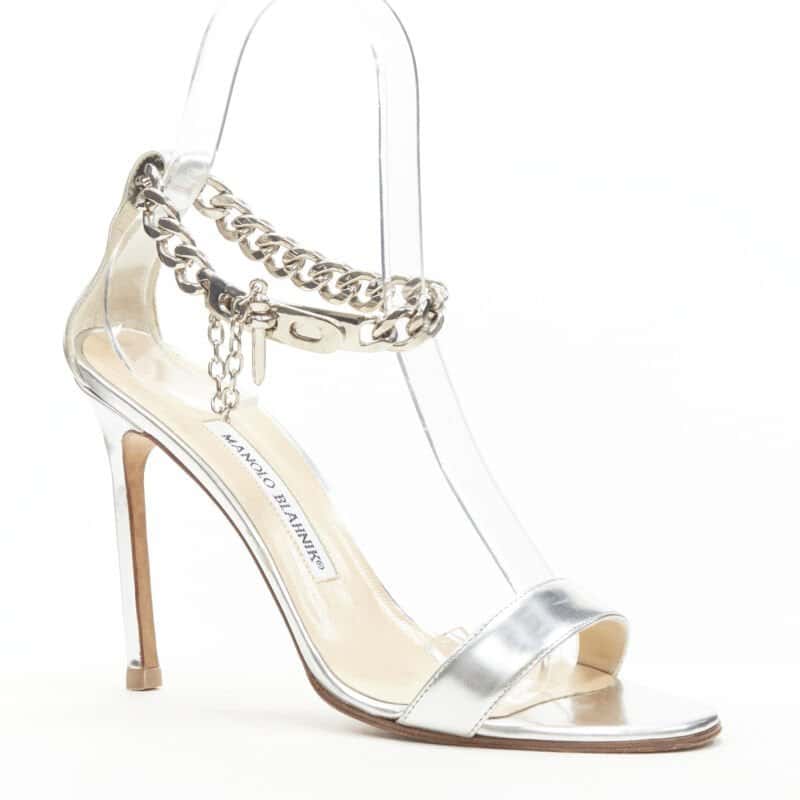 Manolo Blahnik Chain Strap Sandals Silver Leather Good condition - Inside View