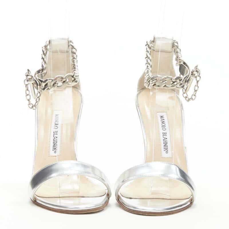 Manolo Blahnik Chain Strap Sandals Silver Leather Good condition - Model View