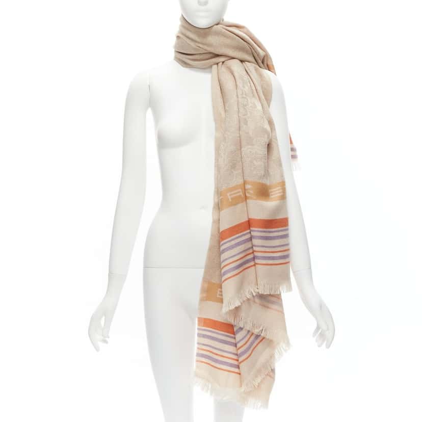 Etro Logo Fringe Scarf Beige Wool Very good condition - Front View