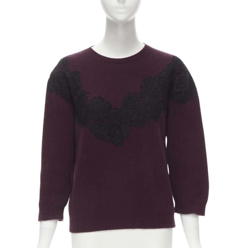 VALENTINO GARAVANI Lace Applique Sweater Burgundy Wool Never worn - Front View