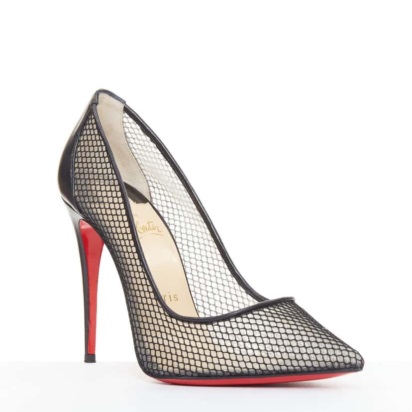 Christian Louboutin Follies Resille 100 Fishnet Pailette Black Leather Good condition - Back View
