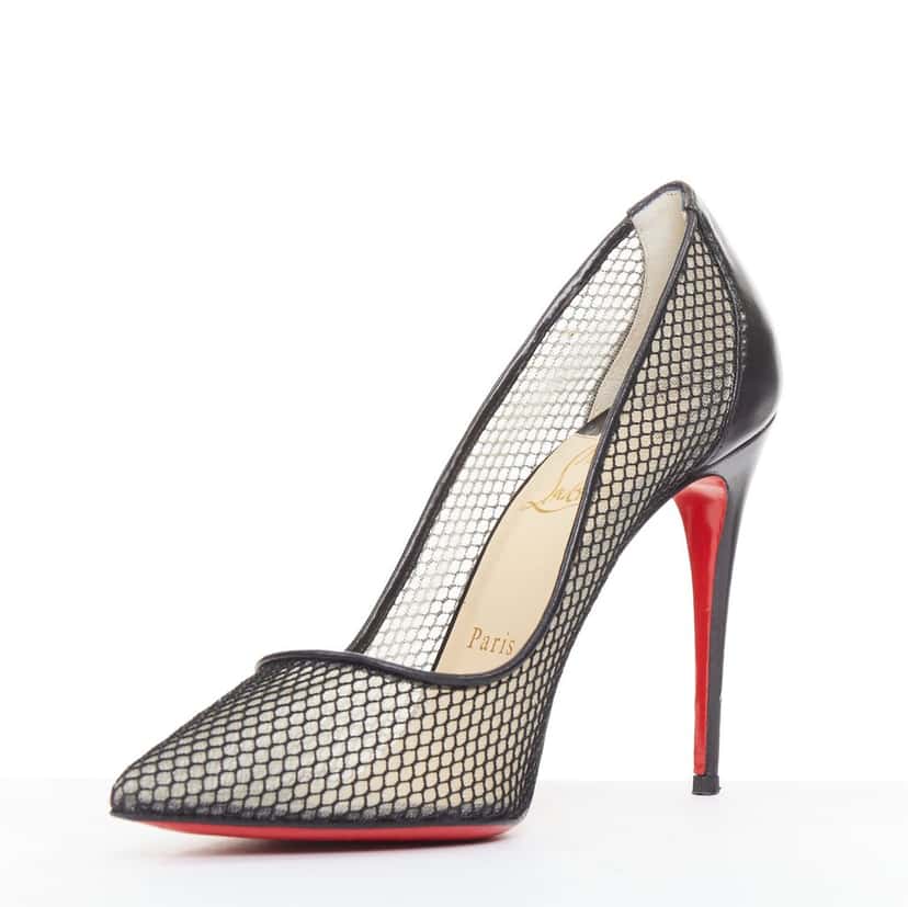 Christian Louboutin Follies Resille 100 Fishnet Pailette Black Leather Good condition - Model View