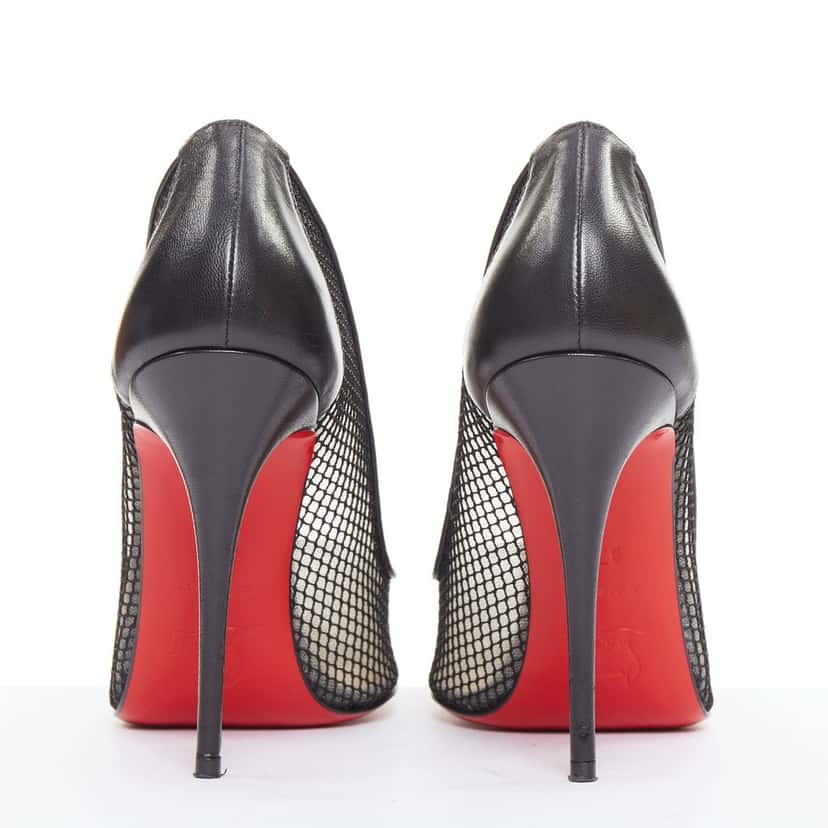 Christian Louboutin Follies Resille 100 Fishnet Pailette Black Leather Good condition - Box View