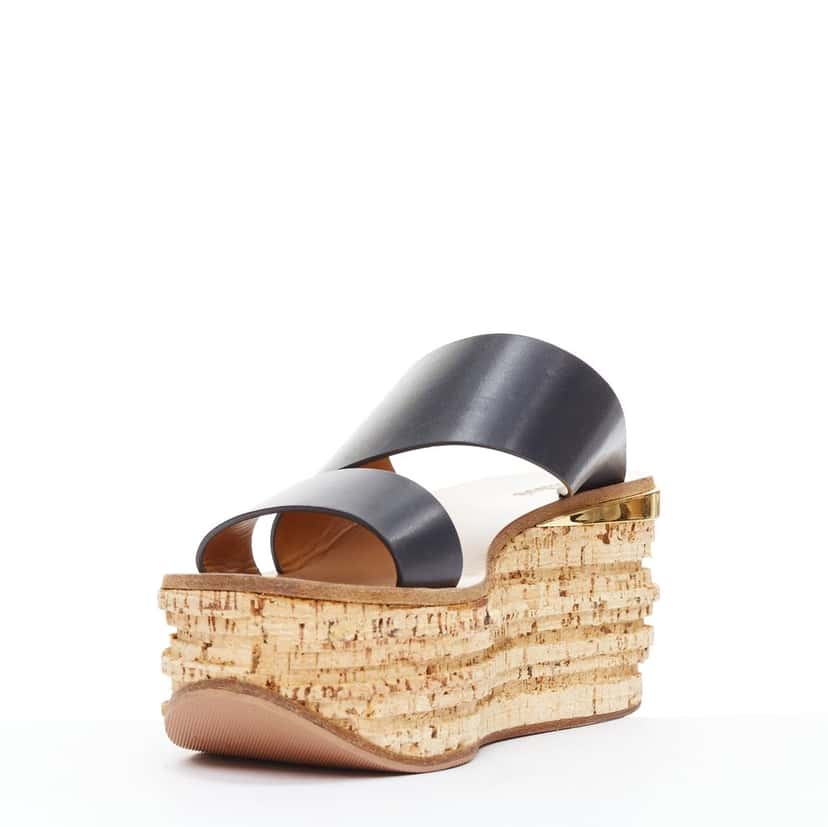 Chloe Cork Wedge Sandals Navy Leather Very good condition - Model View