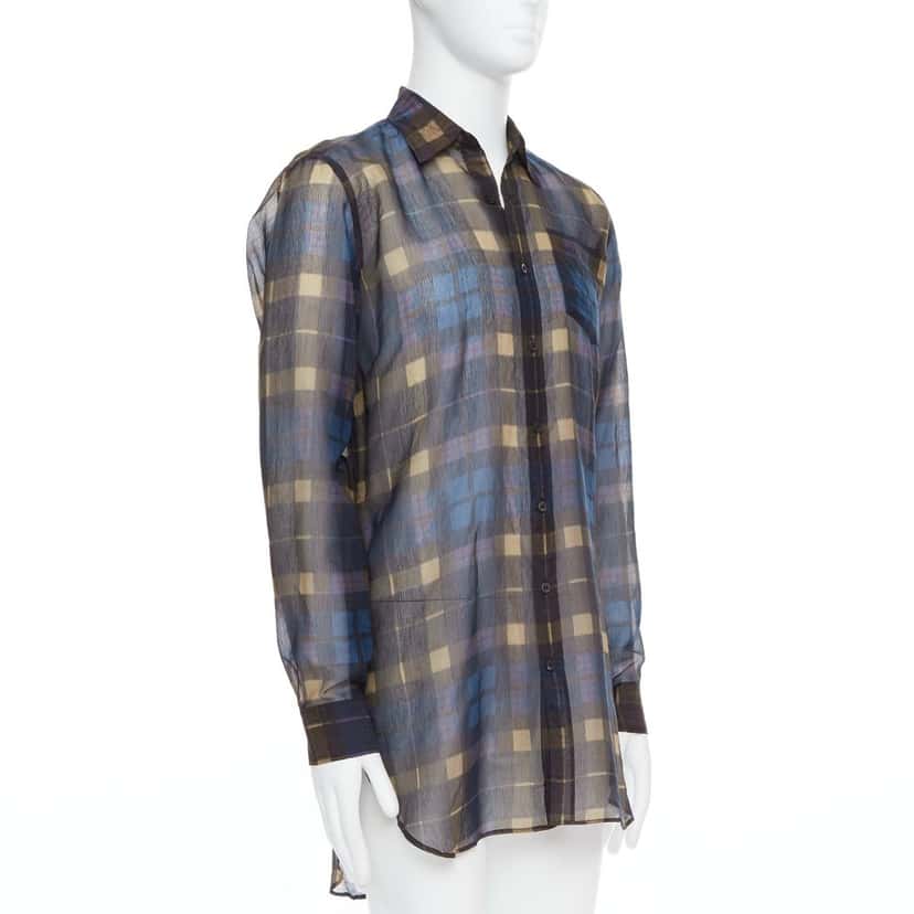 Dries Van Noten Sheer Checked Shirt Blue Cotton Never worn - Inside View