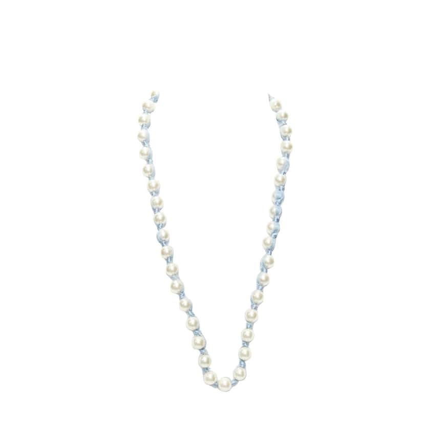 Lanvin Silk Ribbon Necklace Blue Pearl Never worn - Front View