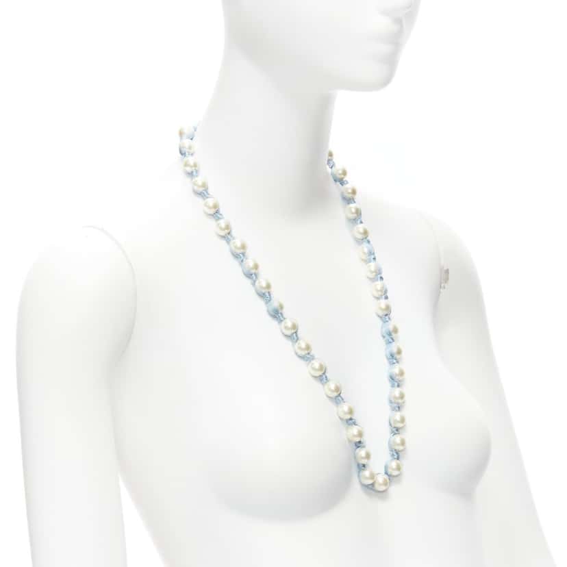 Lanvin Silk Ribbon Necklace Blue Pearl Never worn - Inside View