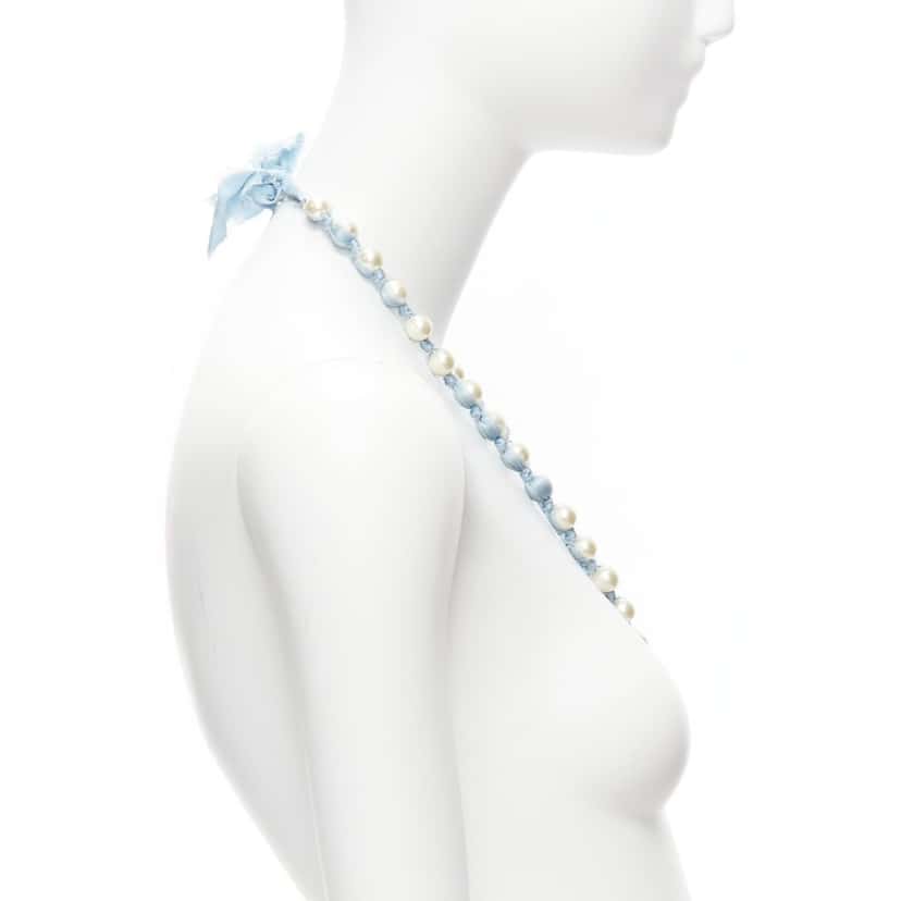 Lanvin Silk Ribbon Necklace Blue Pearl Never worn - Model View