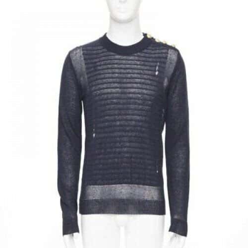 Balmain Military Button Sweater Black Linen Never worn, with tag - Front View