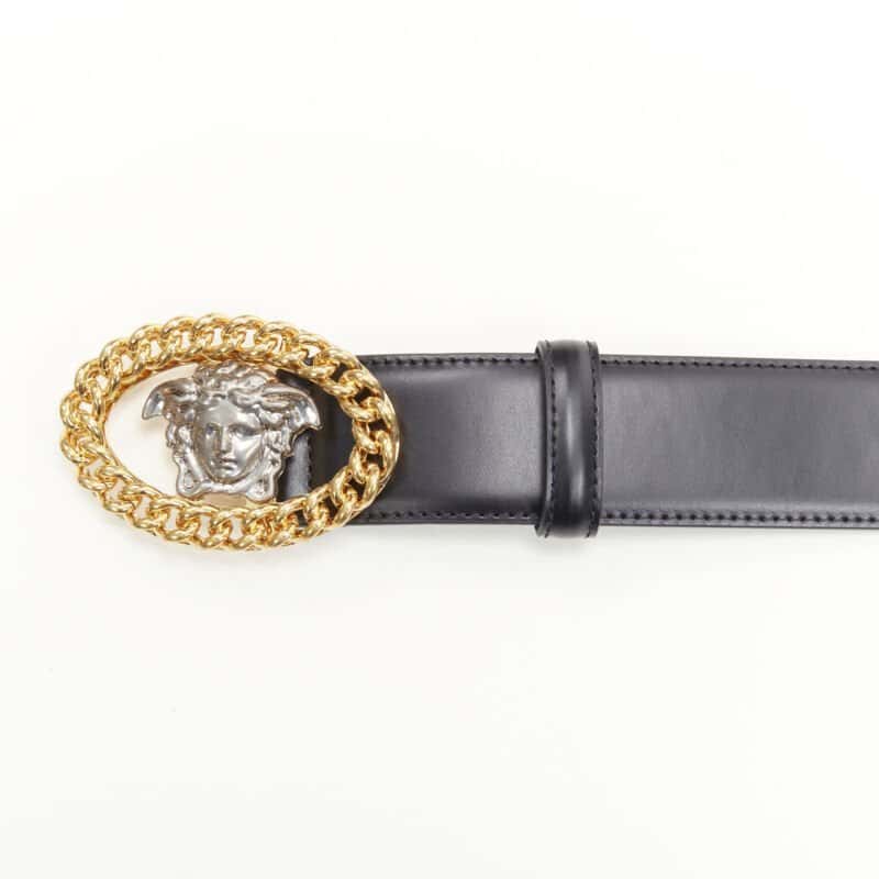 Versace Scaled Blue Leather Belt Black Leather Never worn, with tag - Box View