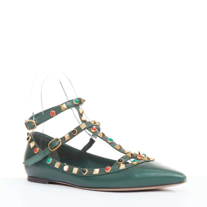 Valentino Rockstud Ballerina Green Leather Good condition - Back View
