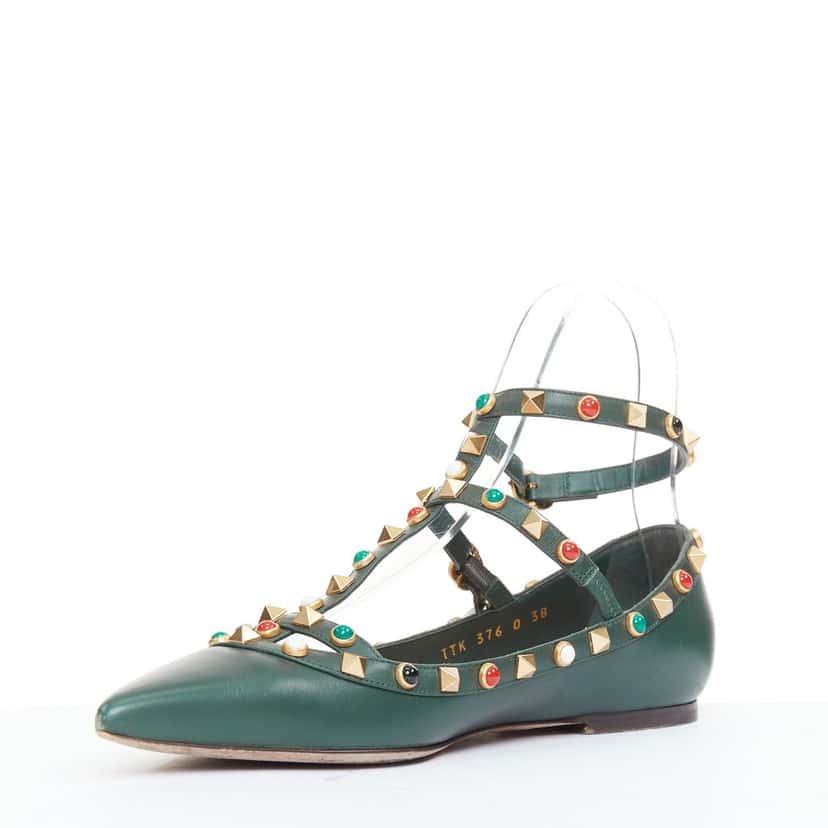 Valentino Rockstud Ballerina Green Leather Good condition - Model View