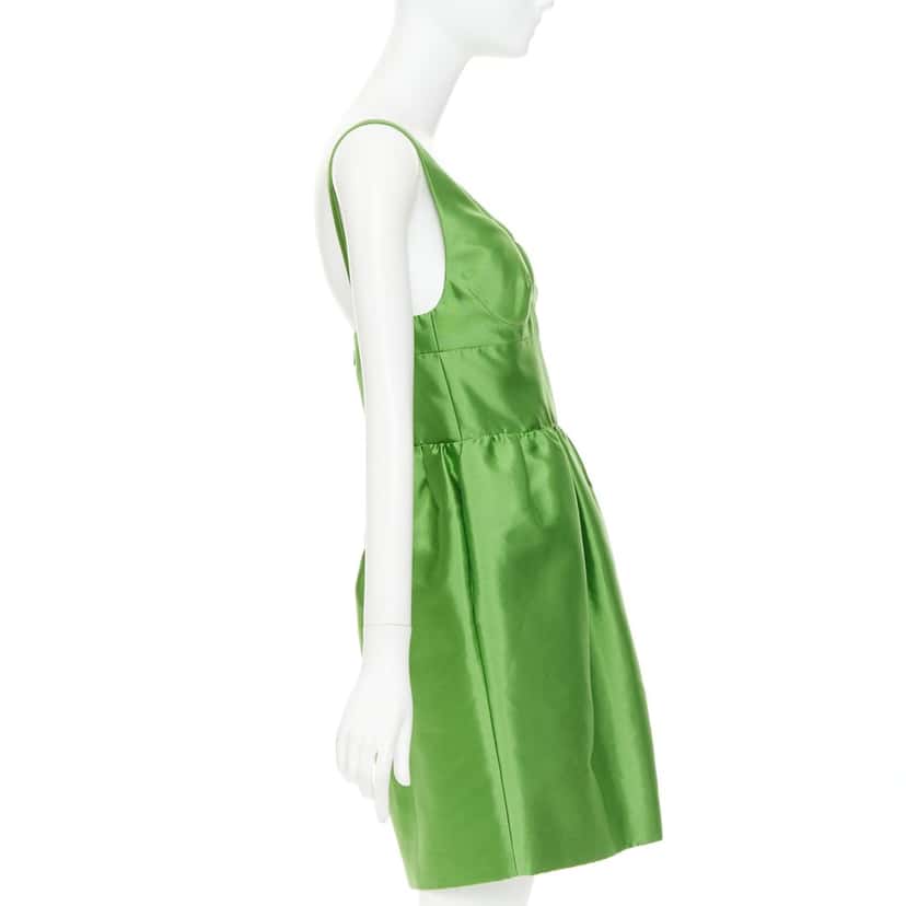 Prada Sleeveless Mini Dress in F0089 Verde Green Silk Never worn, with tag - Model View