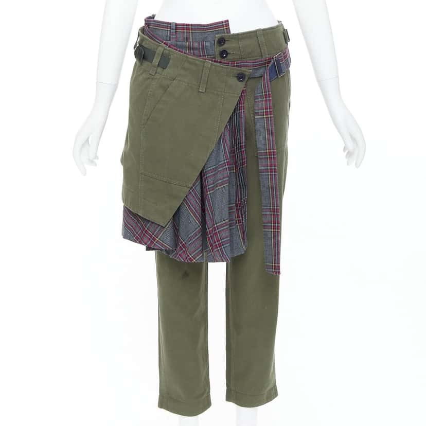 Sacai Deconstructed Kilt Pants Green Cotton Fair condition - Front View