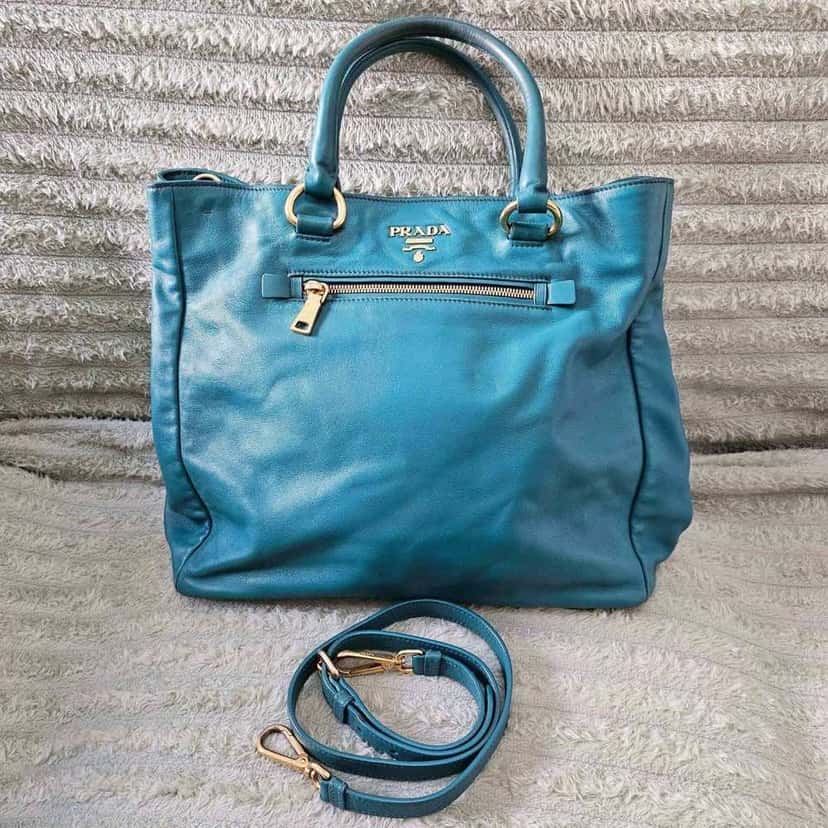 Prada Shopper Tote Blue Leather Gold Good condition - Back View