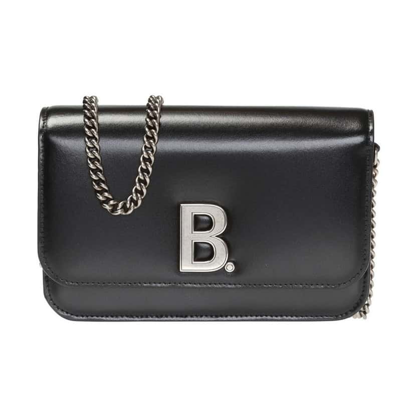 Balenciaga Balenciaga Black Calfskin Leather Silver Logo Chain Wallet Bag Black Leather Never worn - Front View