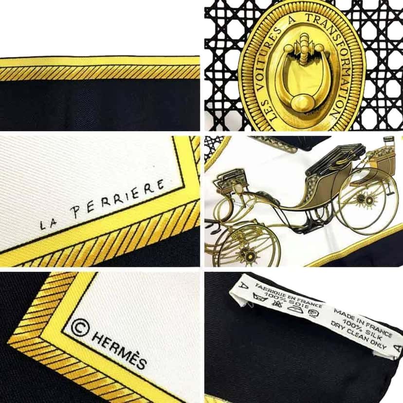 Hermès Hermes Les Voitures A Transformation Black and Gold Carriages Silk Scarf Black Silk Good condition - Back View