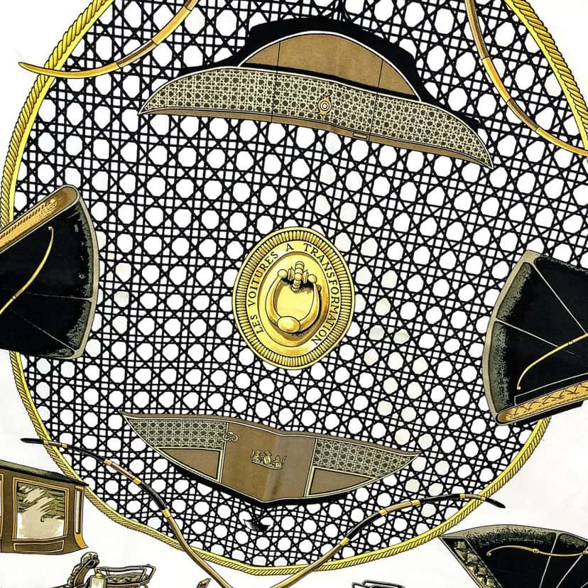 Hermès Hermes Les Voitures A Transformation Black and Gold Carriages Silk Scarf Black Silk Good condition - Inside View