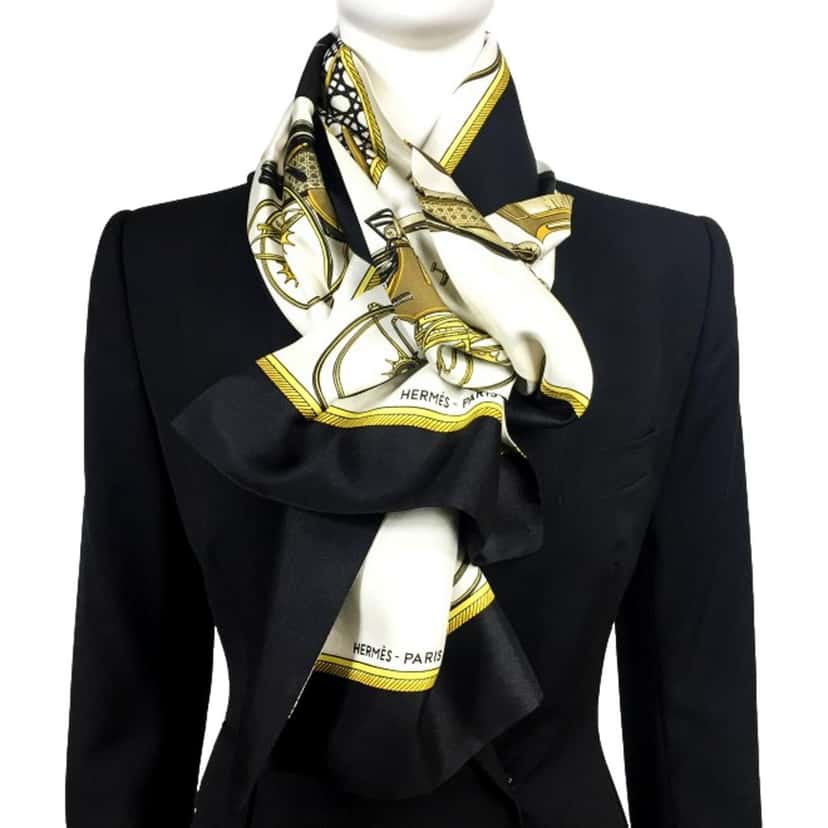 Hermès Hermes Les Voitures A Transformation Black and Gold Carriages Silk Scarf Black Silk Good condition - Box View