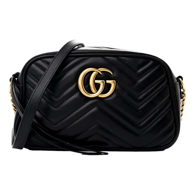 Gucci Gucci Calfskin Matelasse Small GG Marmont Chain Crossbody Bag Black Black Leather Good condition - Front View
