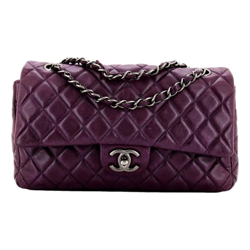 Chanel Chanel Classic Flap Shoulder Bag in Purple Soft Lambskin Leather with Chain Strap Purple Leather Good condition - Front View