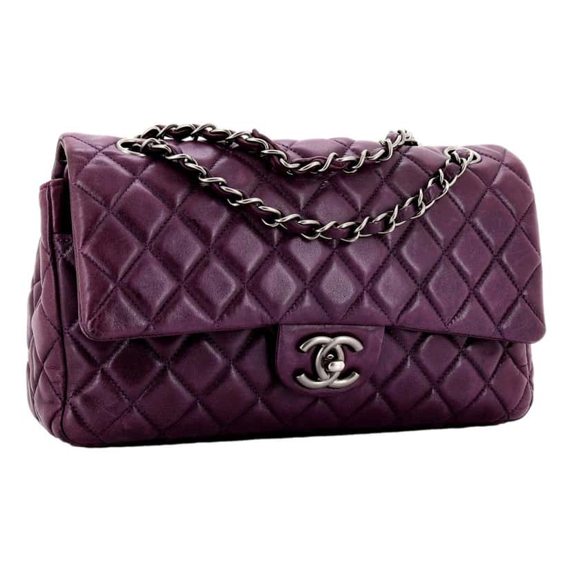 Chanel Chanel Classic Flap Shoulder Bag in Purple Soft Lambskin Leather with Chain Strap Purple Leather Good condition - Back View