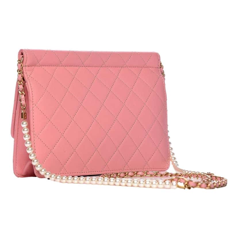 Chanel Chanel Pink Quilted Lambksin Pearl Chain Crossbody Handbag Pink Leather Good condition - Back View