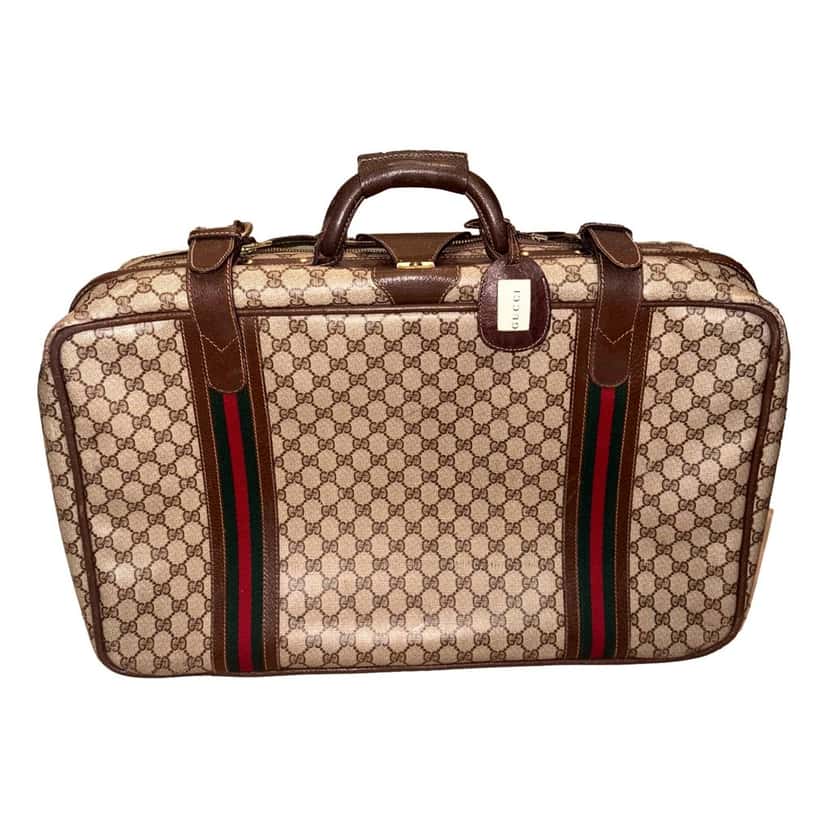 Gucci Gucci Vintage GG Monogram Canvas Travel Suitcase with Web Stripe and Leather Trim Brown Leather Good condition - Front View