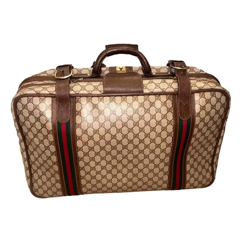 Gucci Gucci Vintage GG Monogram Canvas Travel Suitcase with Web Stripe and Leather Trim Brown Leather Good condition - Back View