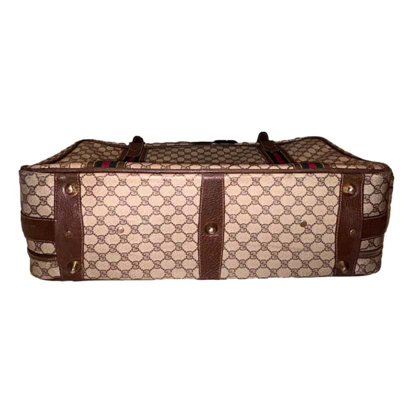 Gucci Gucci Vintage GG Monogram Canvas Travel Suitcase with Web Stripe and Leather Trim Brown Leather Good condition - Inside View