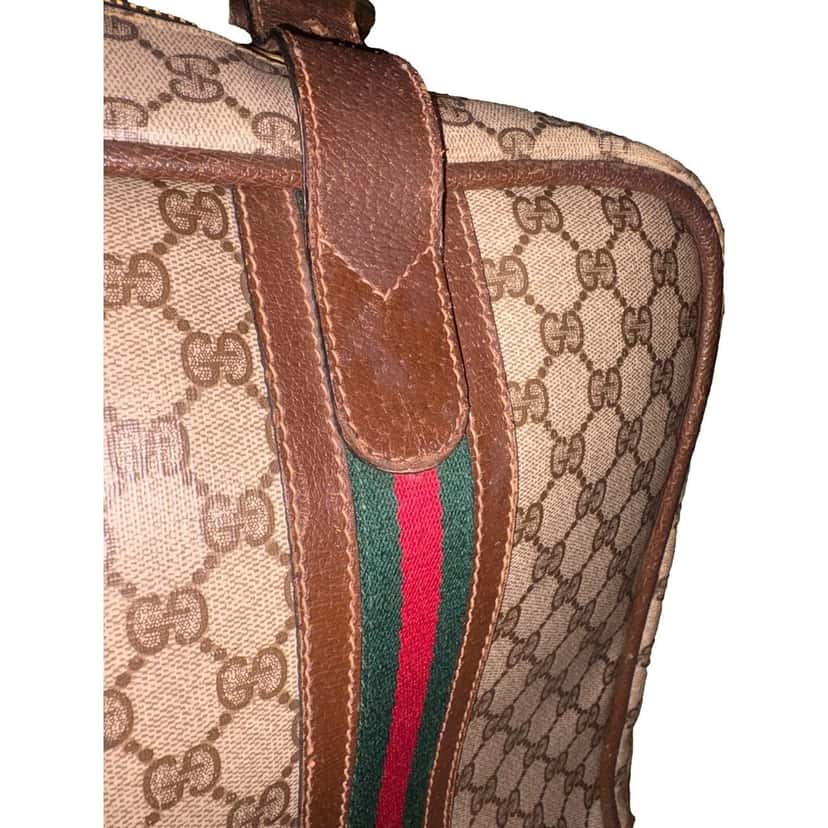 Gucci Gucci Vintage GG Monogram Canvas Travel Suitcase with Web Stripe and Leather Trim Brown Leather Good condition - Box View