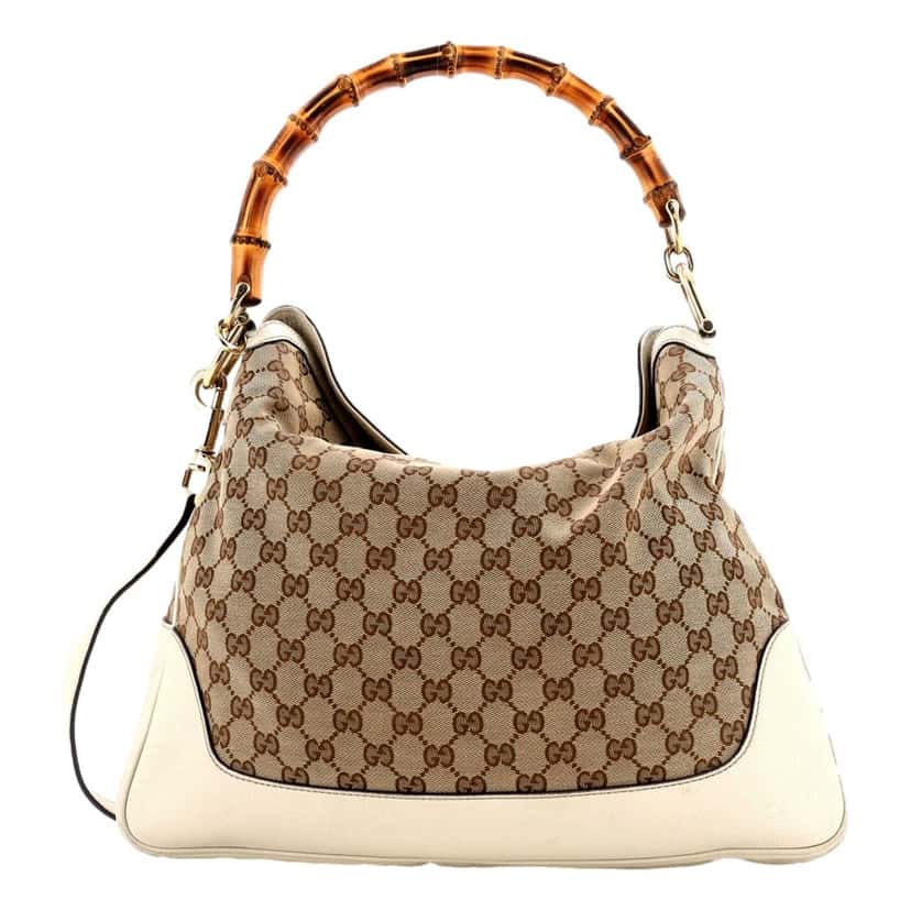 Gucci Gucci Diana Bamboo GG Canvas Medium Shoulder Bag White Leather White Leather Good condition - Front View