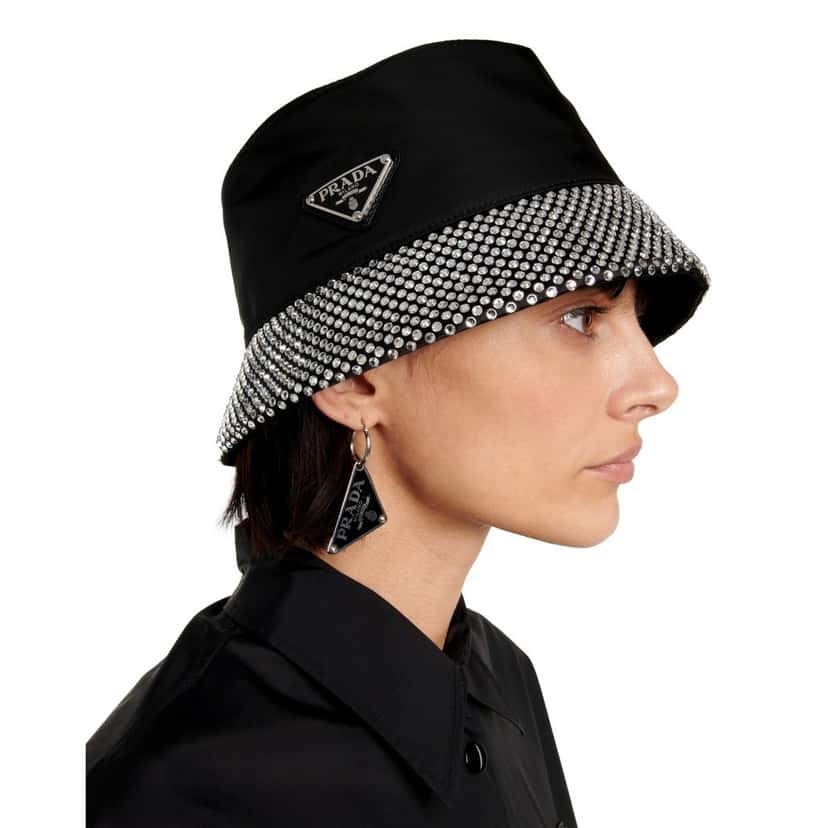 Prada Prada Re-Nylon Crystal Embellished Bucket Hat Black Black Never worn - Model View