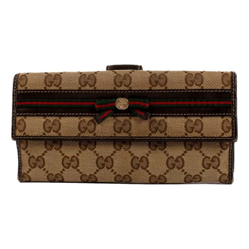 Gucci Gucci Mayfair Long Wallet in GG Canvas with Web Stripe Bow Detail Brown Leather Good condition - Front View