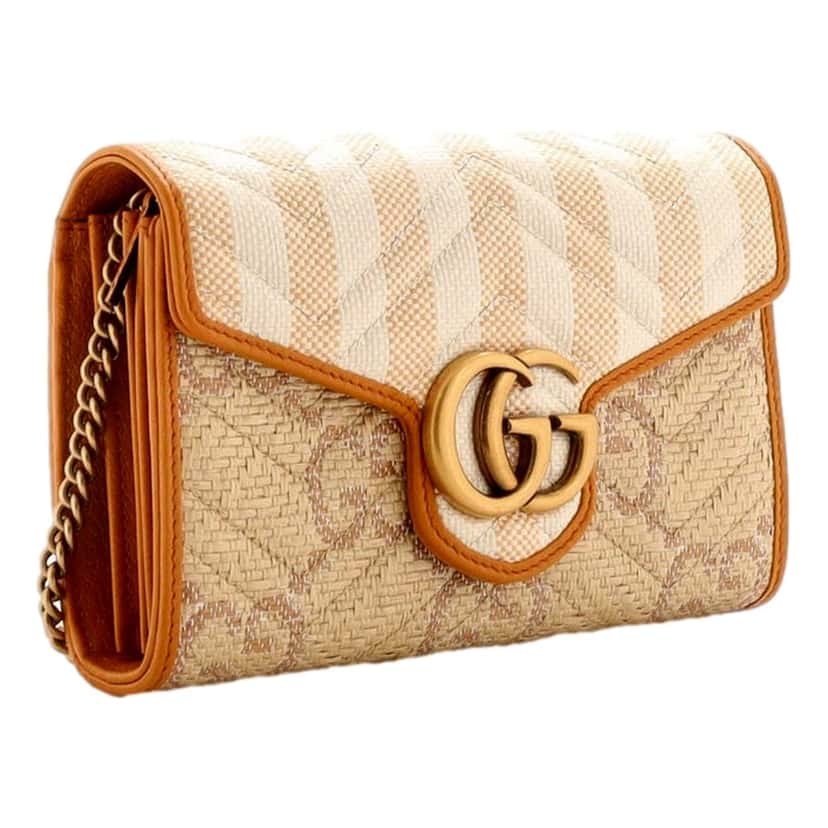 Gucci Gucci GG Marmont Raffia Wallet on Chain in Orange and Beige Orange Leather Good condition - Back View