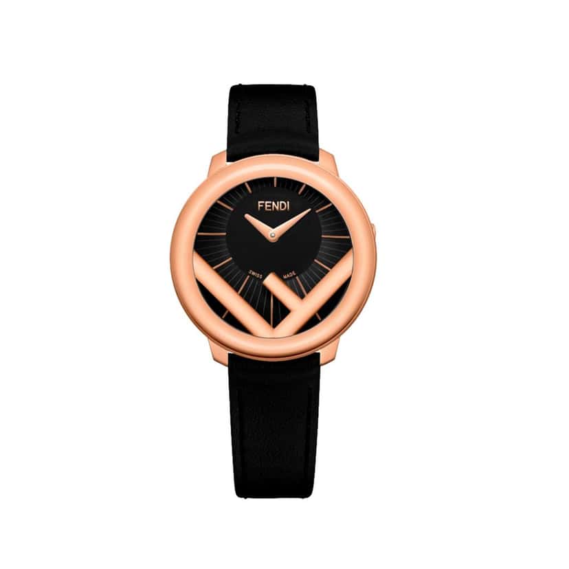 Fendi Fendi Runaway Rose Gold Black Calf Leather 36 MM Fashion Watch Gold Leather Never worn - Front View
