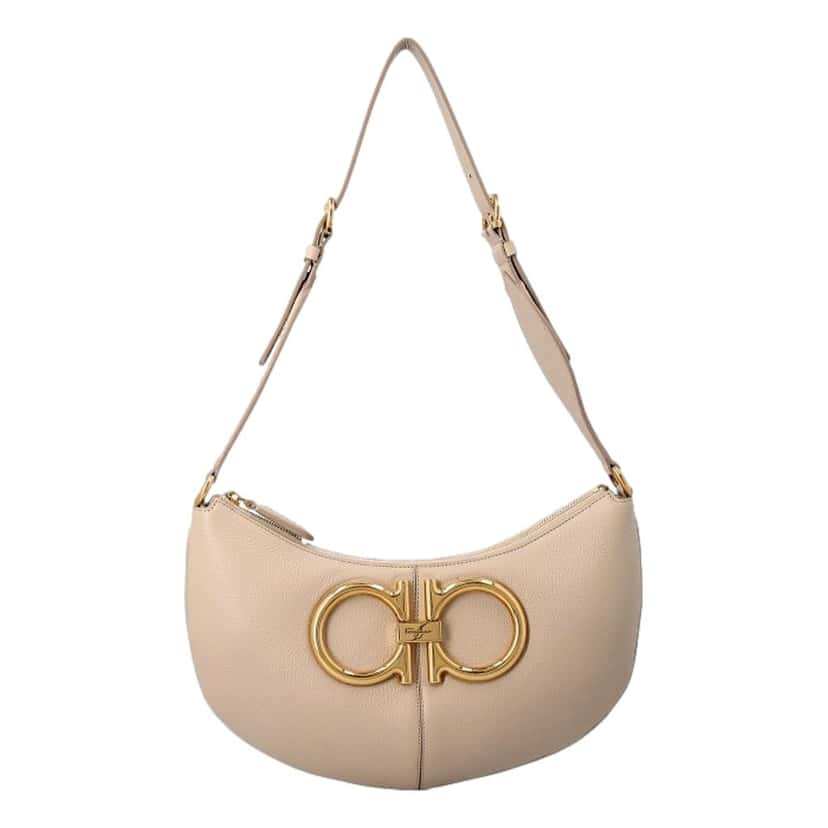 Salvatore Ferragamo Ferragamo Gancio Vitello Daino Leather Maxi Hobo Bag Beige Brown Leather Never worn - Front View
