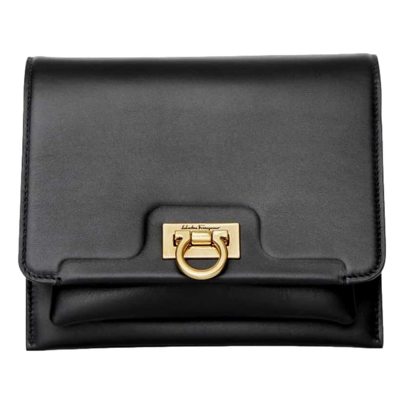 Salvatore Ferragamo Ferragamo Trifolio Black Leather Flap Crossbody Bag Gold Gancini Designer Black Leather Never worn - Front View