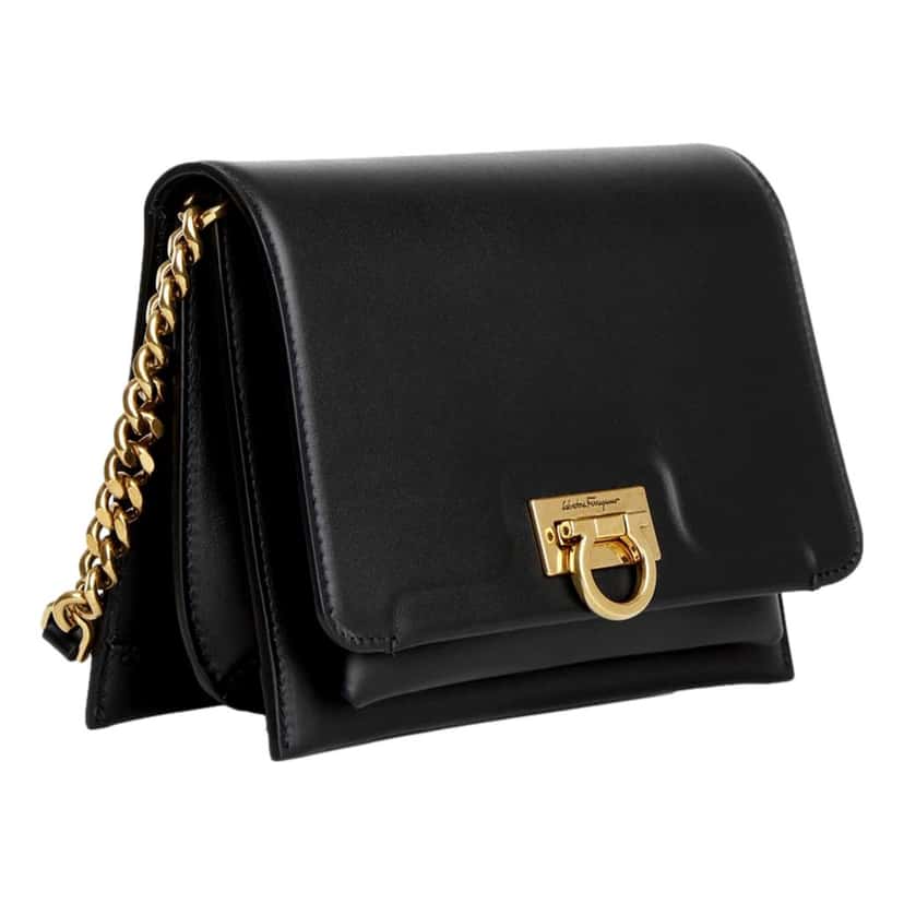 Salvatore Ferragamo Ferragamo Trifolio Black Leather Flap Crossbody Bag Gold Gancini Designer Black Leather Never worn - Back View