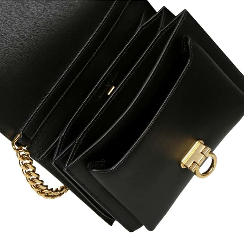 Salvatore Ferragamo Ferragamo Trifolio Black Leather Flap Crossbody Bag Gold Gancini Designer Black Leather Never worn - Model View